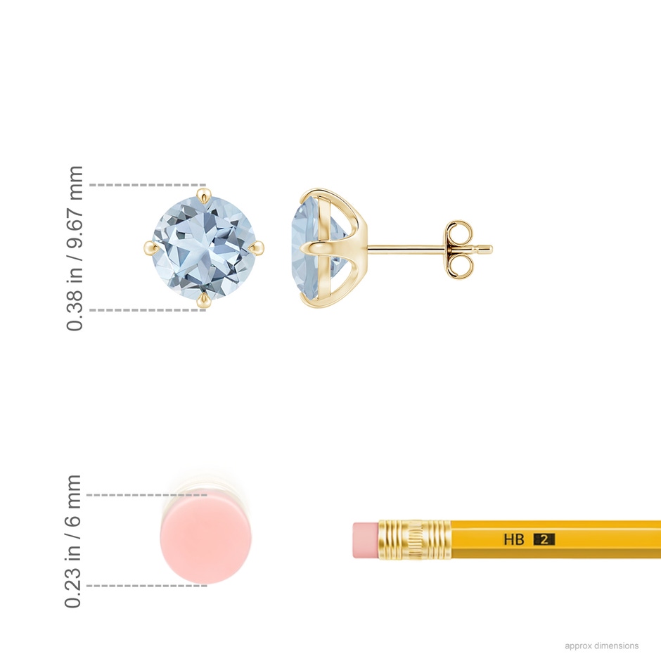 8mm A Claw-Set Round Aquamarine Solitaire Stud Earrings in Yellow Gold ruler