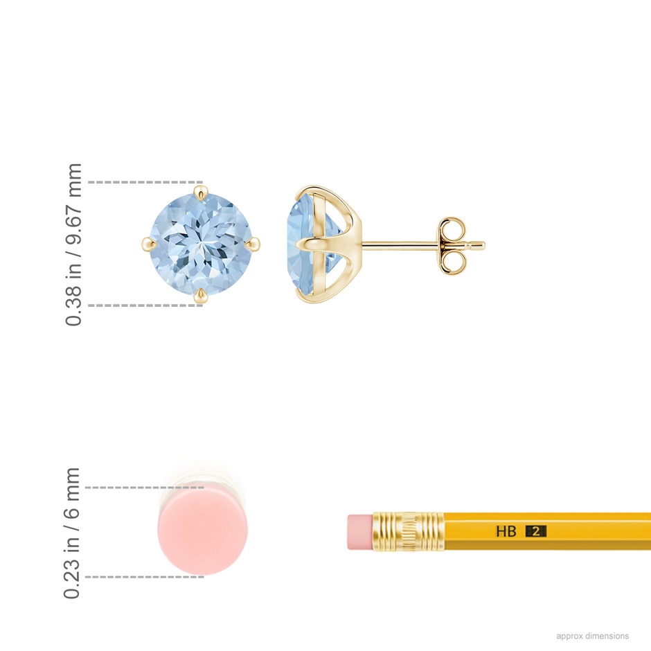 8mm AA Claw-Set Round Aquamarine Solitaire Stud Earrings in Yellow Gold ruler