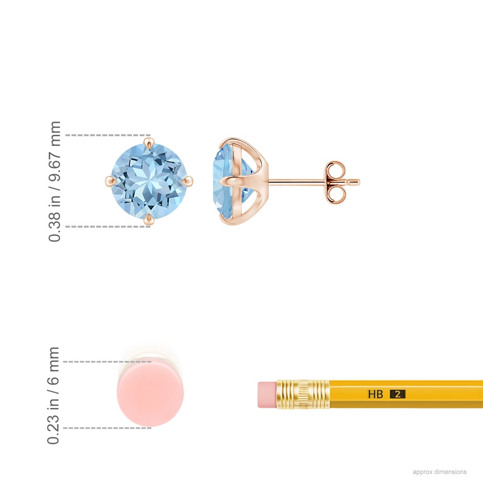 8mm AAA Claw-Set Round Aquamarine Solitaire Stud Earrings in Rose Gold ruler