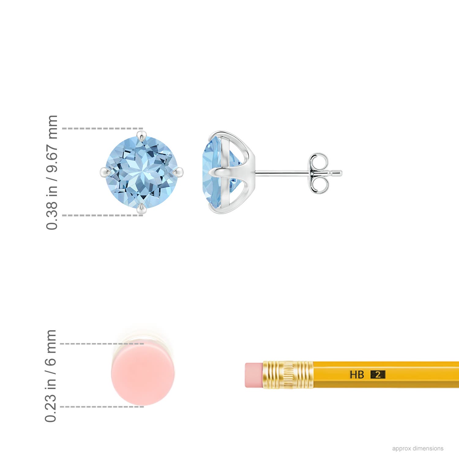 8mm AAA Claw-Set Round Aquamarine Solitaire Stud Earrings in White Gold - ruler