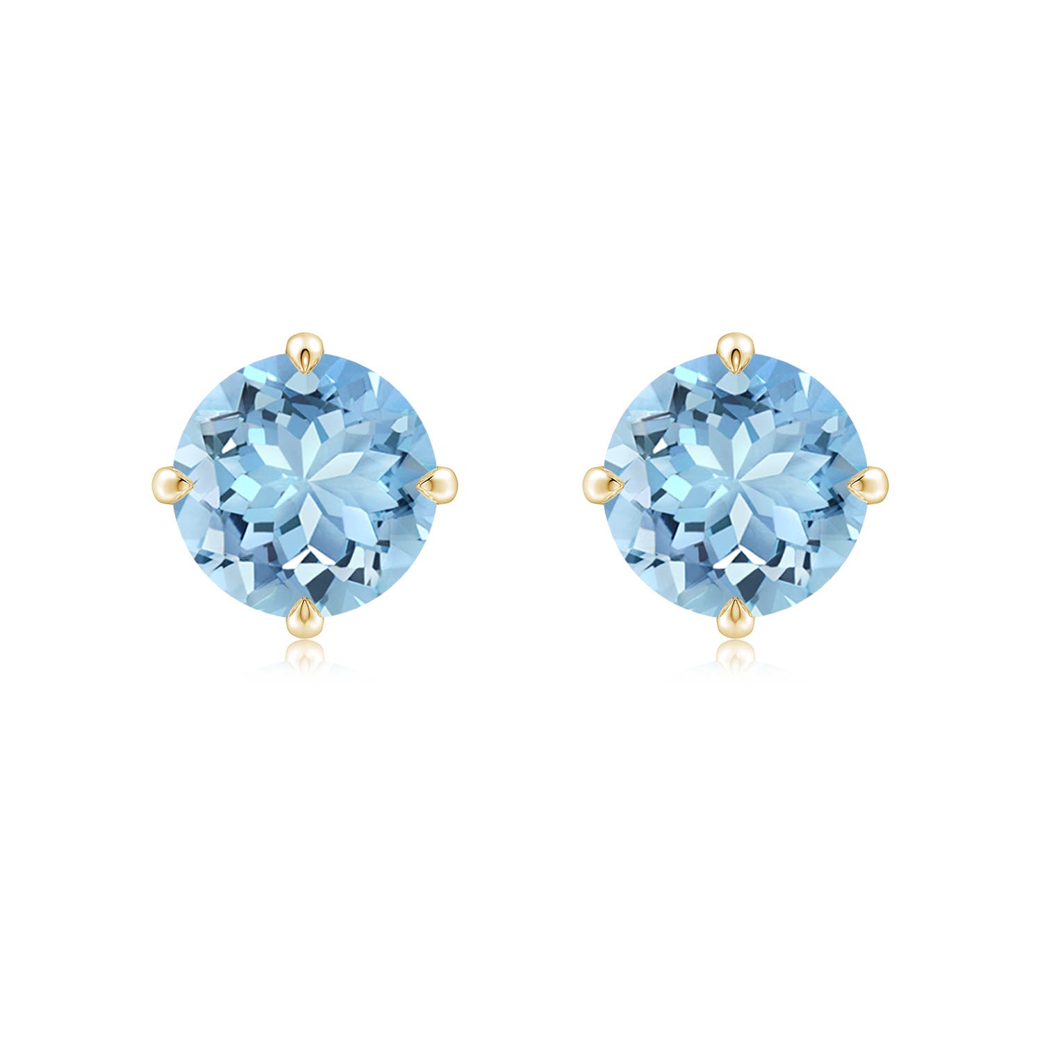 8mm AAAA Claw-Set Round Aquamarine Solitaire Stud Earrings in 18K Yellow Gold