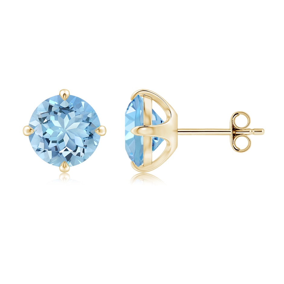8mm AAAA Claw-Set Round Aquamarine Solitaire Stud Earrings in Yellow Gold side 199