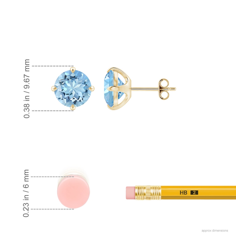 8mm AAAA Claw-Set Round Aquamarine Solitaire Stud Earrings in Yellow Gold ruler