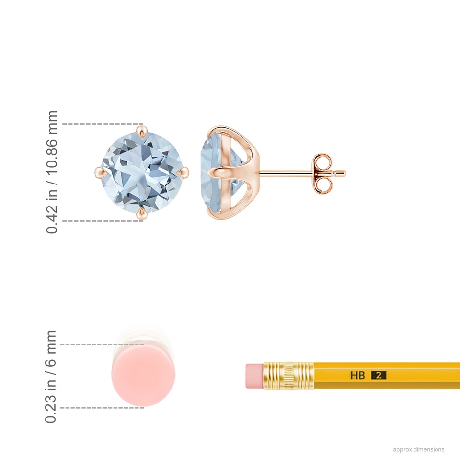 9mm A Claw-Set Round Aquamarine Solitaire Stud Earrings in Rose Gold ruler