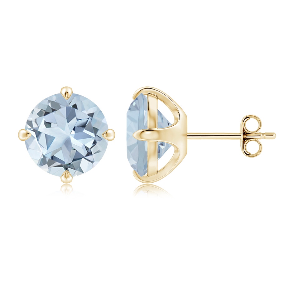 9mm A Claw-Set Round Aquamarine Solitaire Stud Earrings in Yellow Gold side 199