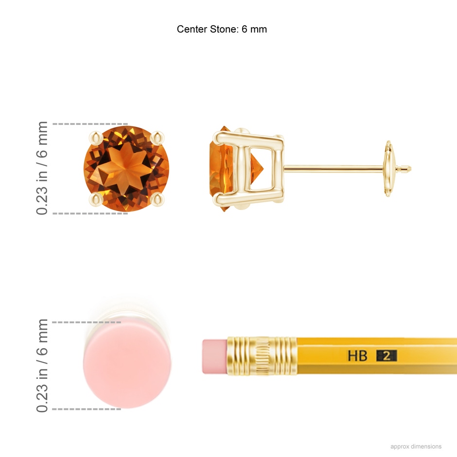 6mm AAAA Basket-Set Round Citrine Stud Earrings in 9K Yellow Gold ruler