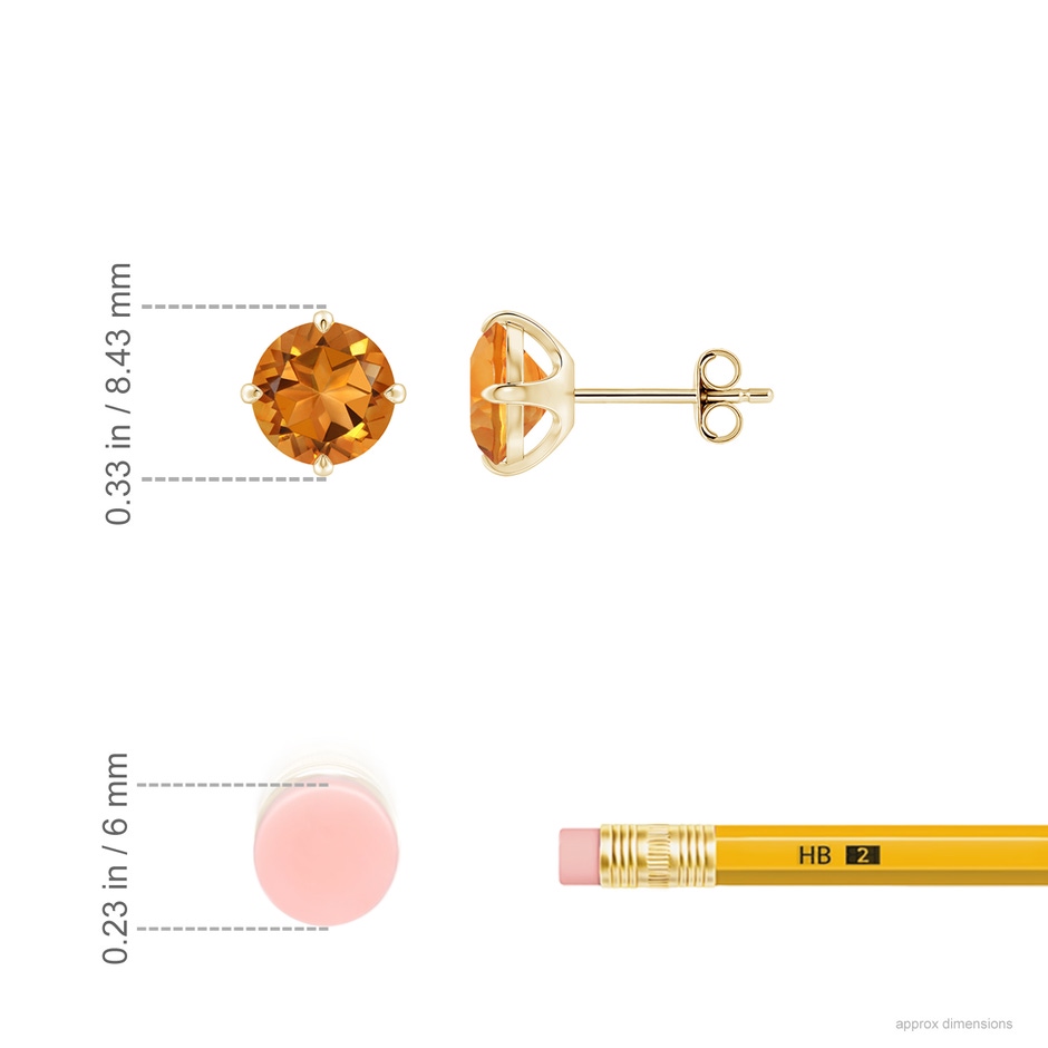 7mm AAA Claw-Set Round Citrine Solitaire Stud Earrings in Yellow Gold ruler