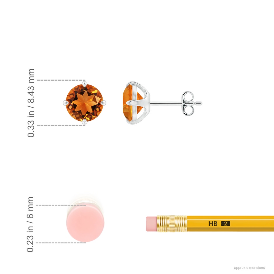 7mm AAAA Claw-Set Round Citrine Solitaire Stud Earrings in S999 Silver ruler
