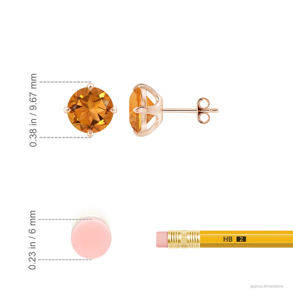 8mm AAA Claw-Set Round Citrine Solitaire Stud Earrings in Rose Gold ruler