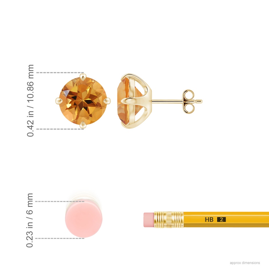 9mm AA Claw-Set Round Citrine Solitaire Stud Earrings in 18K Yellow Gold ruler