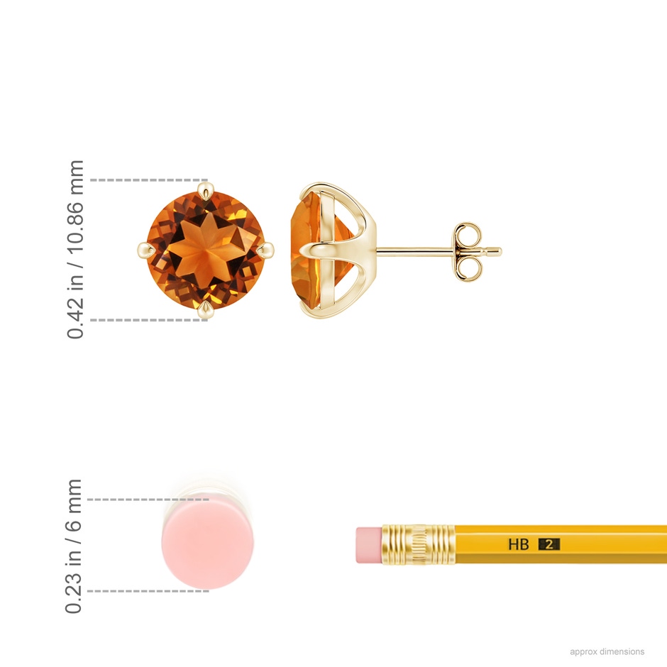 9mm AAAA Claw-Set Round Citrine Solitaire Stud Earrings in 18K Yellow Gold ruler