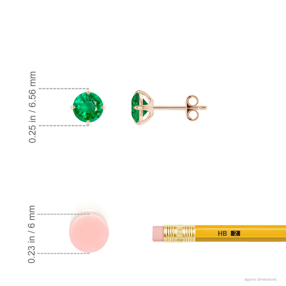 5mm AAA Claw-Set Round Emerald Solitaire Stud Earrings in Rose Gold ruler