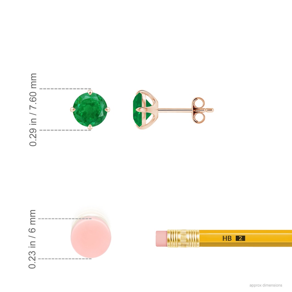 6mm AA Claw-Set Round Emerald Solitaire Stud Earrings in Rose Gold ruler