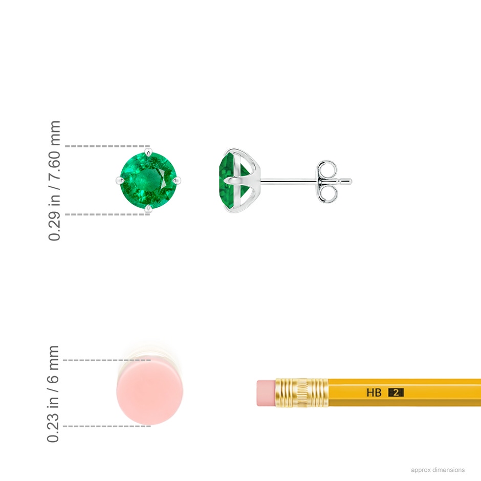 6mm AAA Claw-Set Round Emerald Solitaire Stud Earrings in P950 Platinum ruler