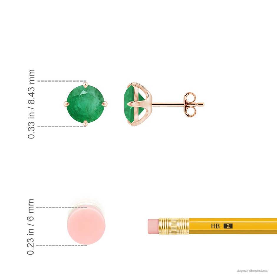 7mm A Claw-Set Round Emerald Solitaire Stud Earrings in Rose Gold ruler