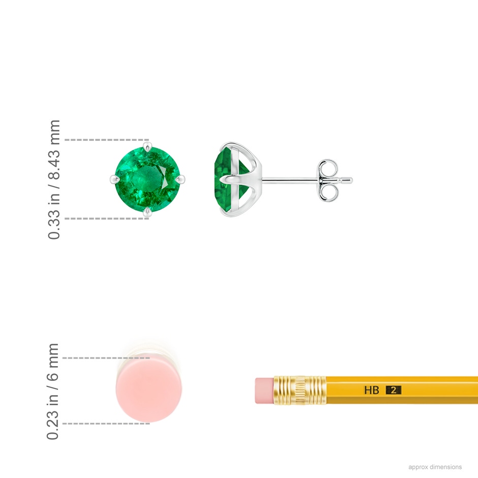 7mm AAA Claw-Set Round Emerald Solitaire Stud Earrings in 18K White Gold ruler