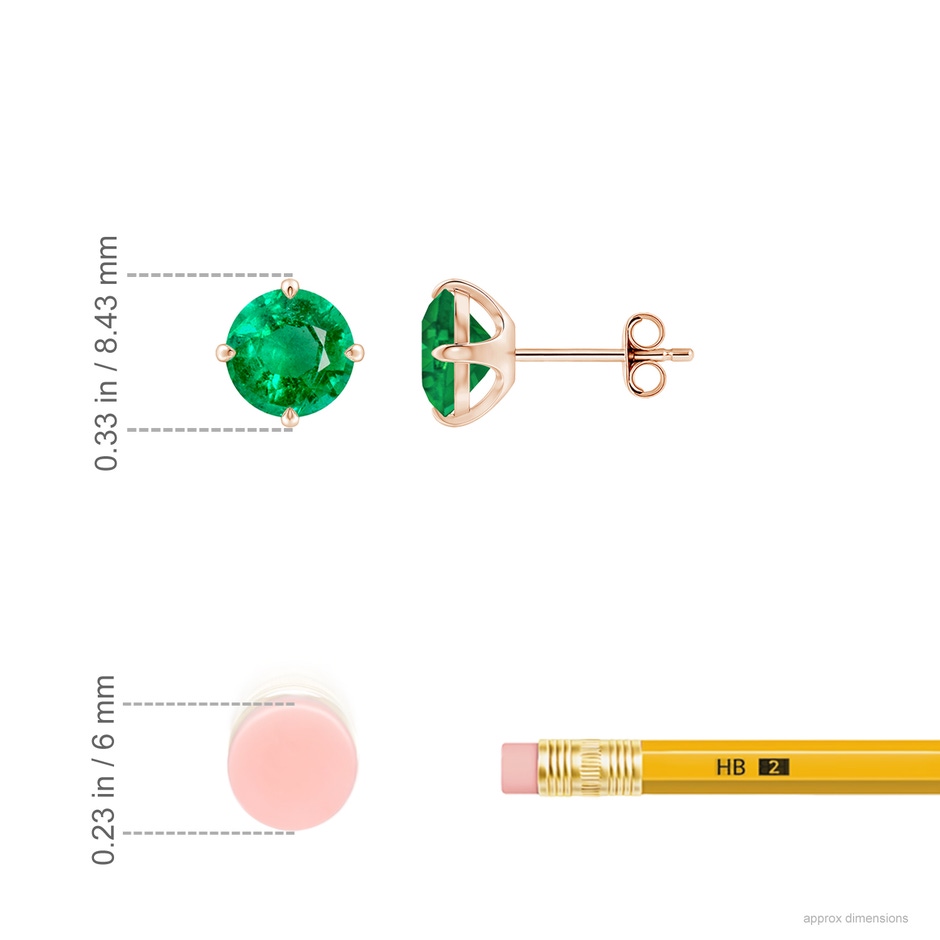 7mm AAA Claw-Set Round Emerald Solitaire Stud Earrings in Rose Gold ruler