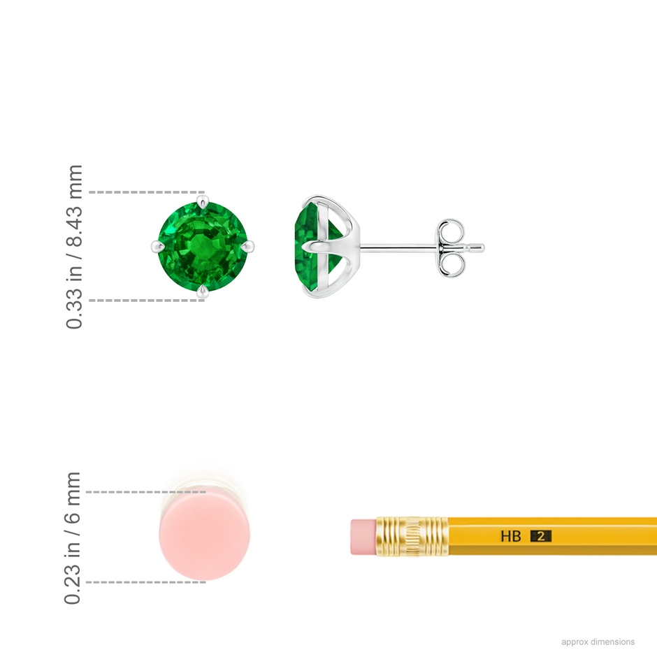 7mm AAAA Claw-Set Round Emerald Solitaire Stud Earrings in P950 Platinum ruler