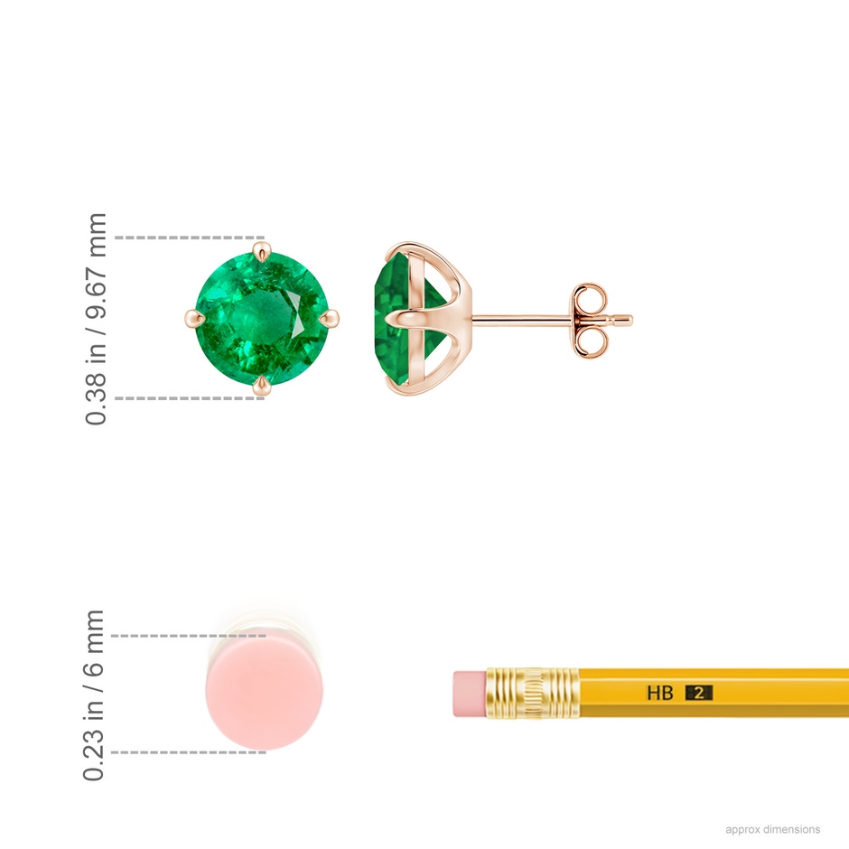 8mm AAA Claw-Set Round Emerald Solitaire Stud Earrings in Rose Gold ruler
