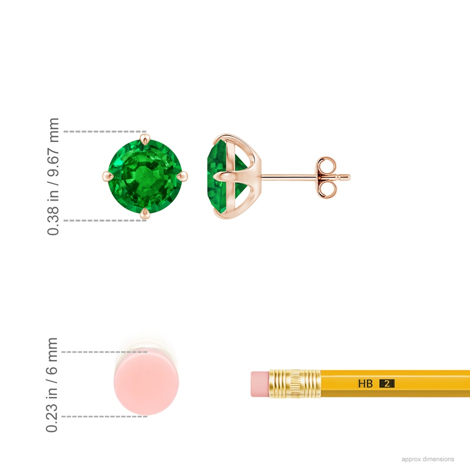 8mm AAAA Claw-Set Round Emerald Solitaire Stud Earrings in Rose Gold ruler