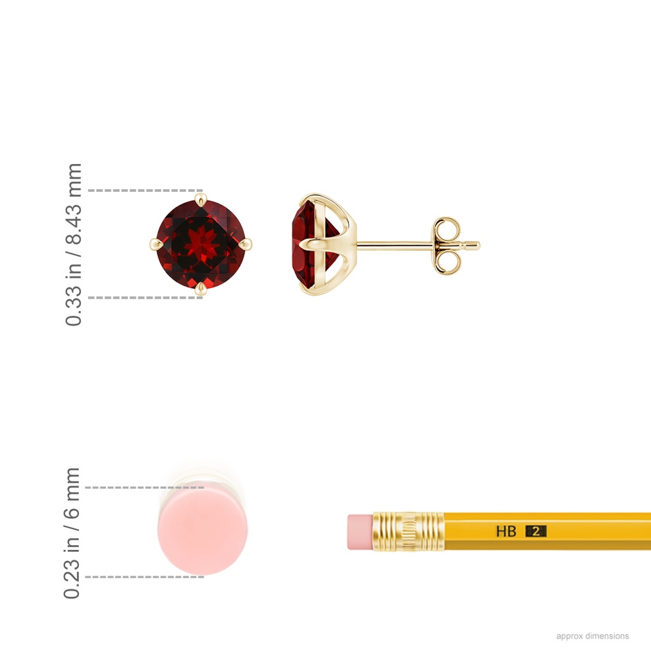 7mm AAAA Claw-Set Round Garnet Solitaire Stud Earrings in Yellow Gold ruler