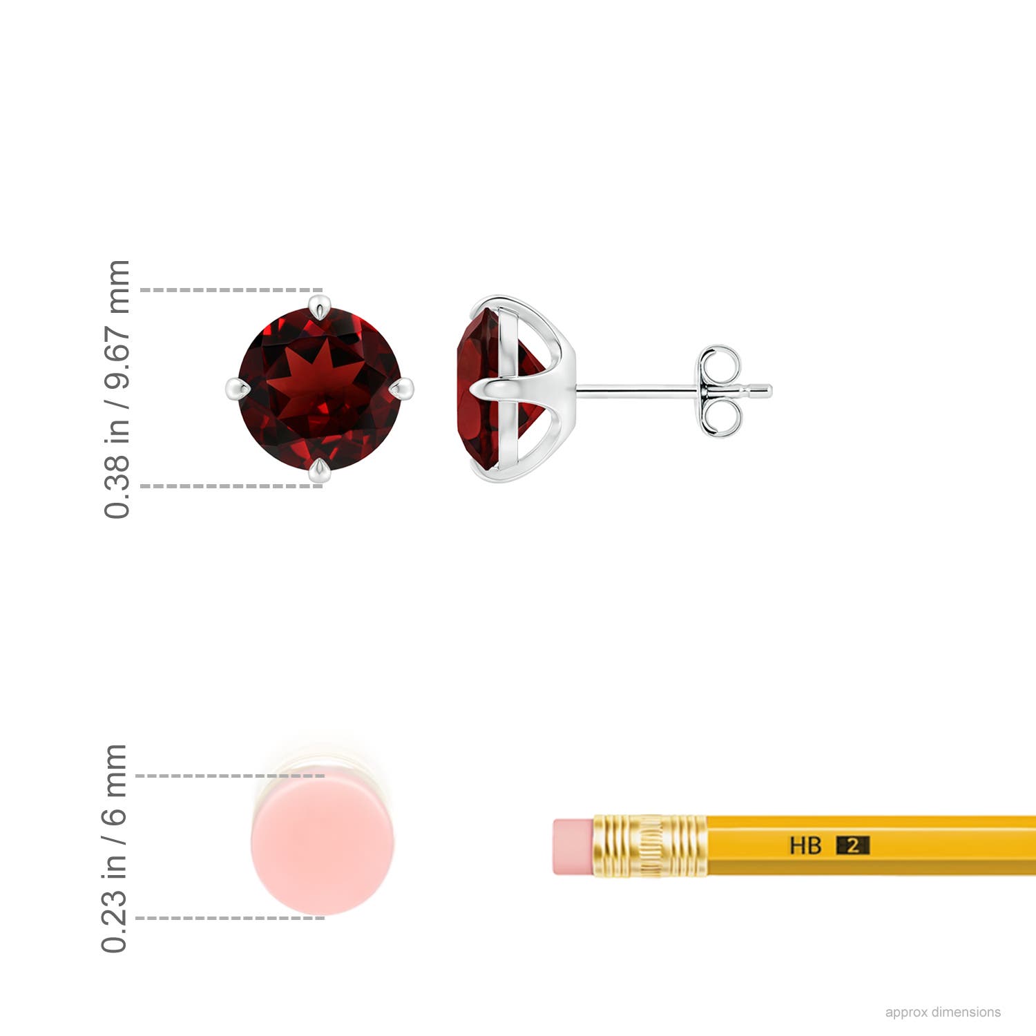 8mm AAA Claw-Set Round Garnet Solitaire Stud Earrings in White Gold - ruler