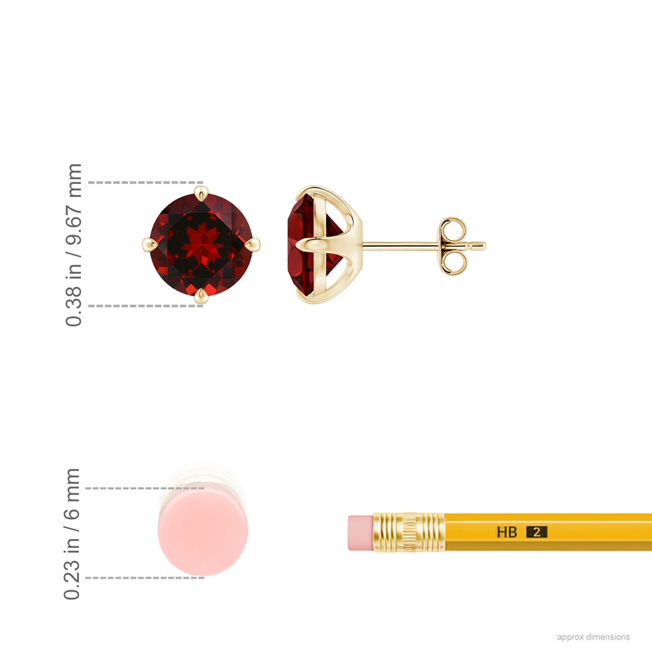 8mm AAAA Claw-Set Round Garnet Solitaire Stud Earrings in Yellow Gold ruler