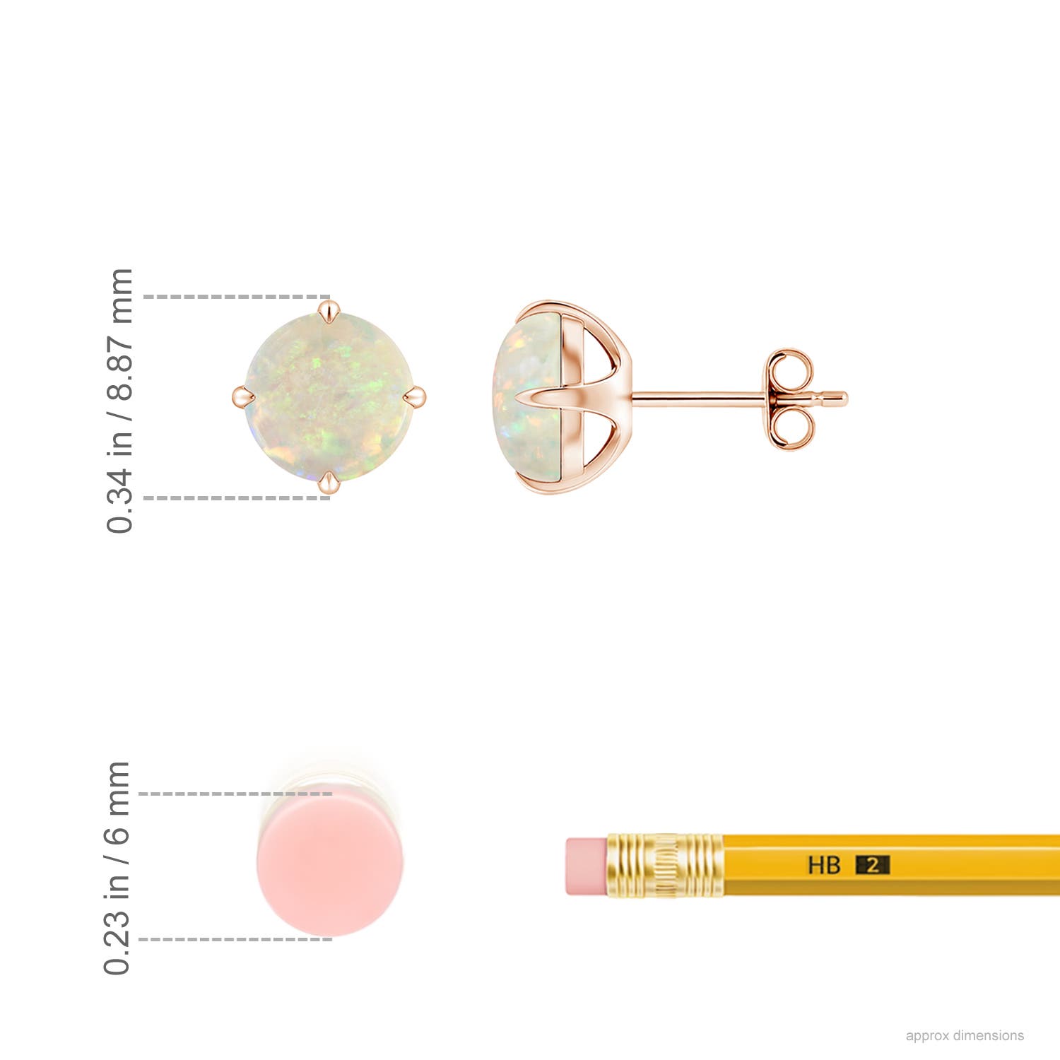 7mm AAA Basket-Set Round Opal Stud Earrings in 18CT Rose Gold - ruler