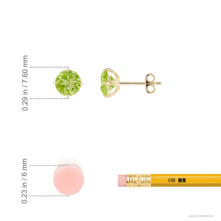 6mm AA Claw-Set Round Peridot Solitaire Stud Earrings in Yellow Gold ruler