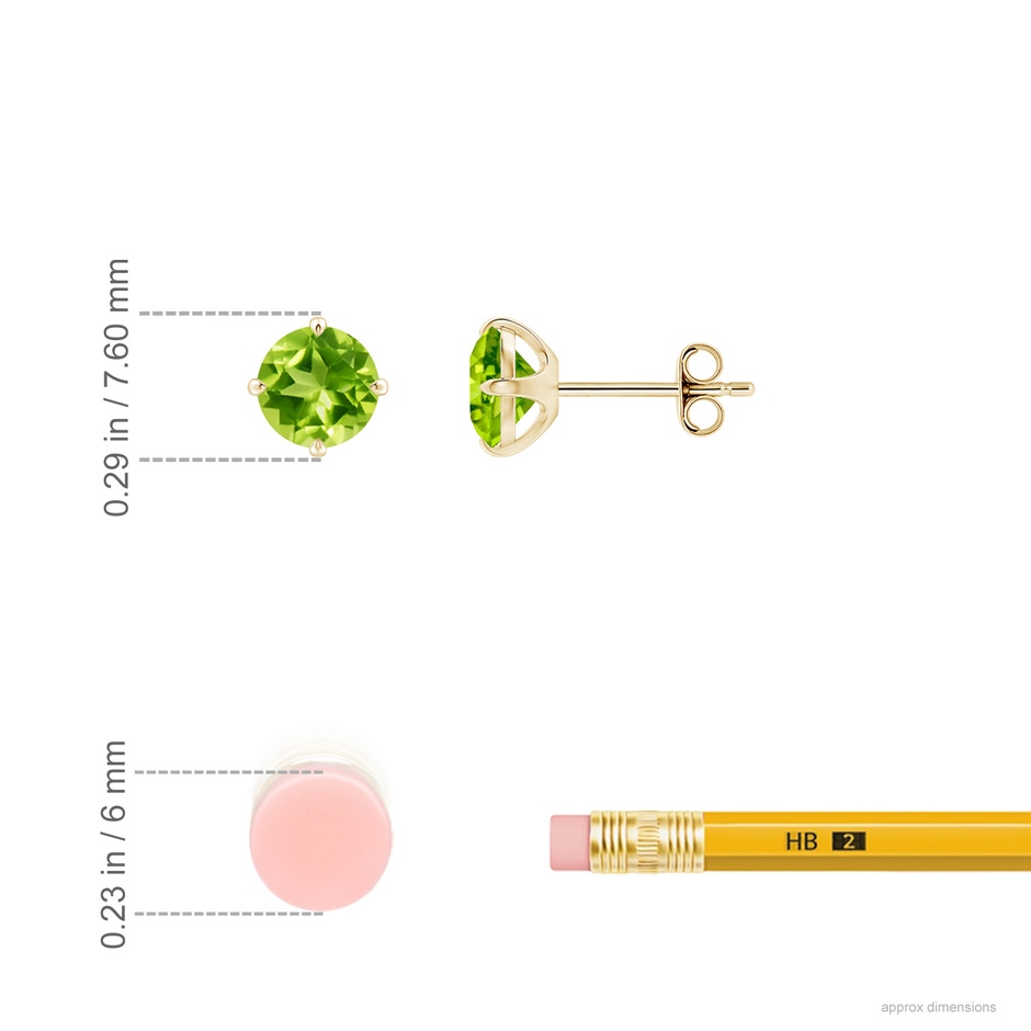 6mm AAA Claw-Set Round Peridot Solitaire Stud Earrings in Yellow Gold ruler