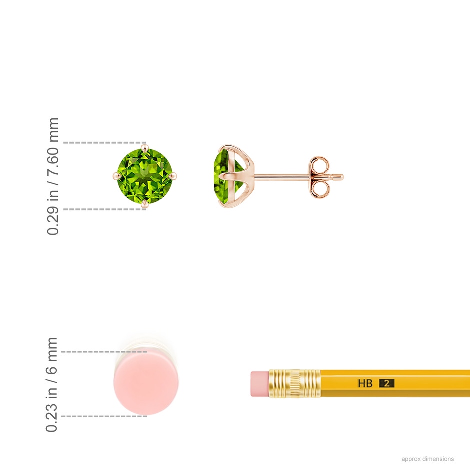 6mm AAAA Claw-Set Round Peridot Solitaire Stud Earrings in 18K Rose Gold ruler