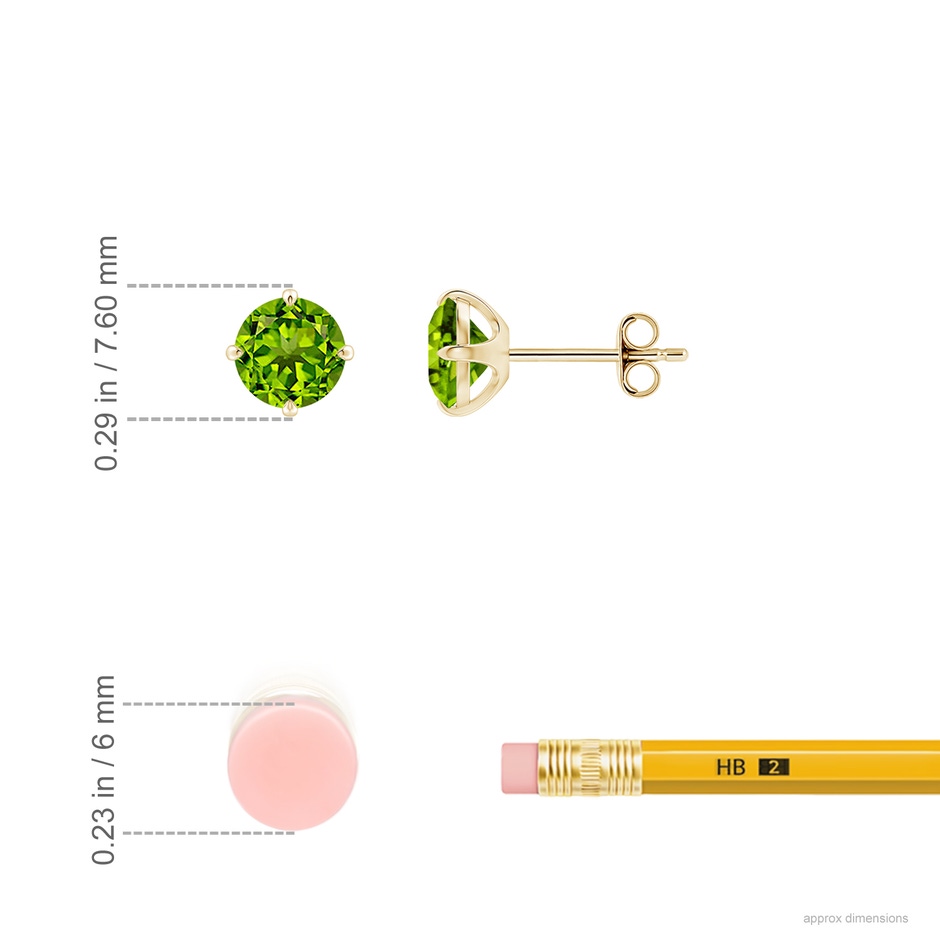 6mm AAAA Claw-Set Round Peridot Solitaire Stud Earrings in Yellow Gold ruler