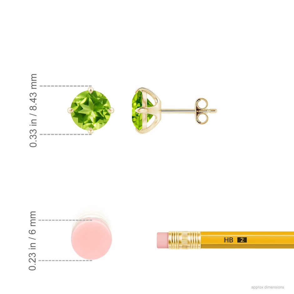 7mm AAA Claw-Set Round Peridot Solitaire Stud Earrings in Yellow Gold ruler