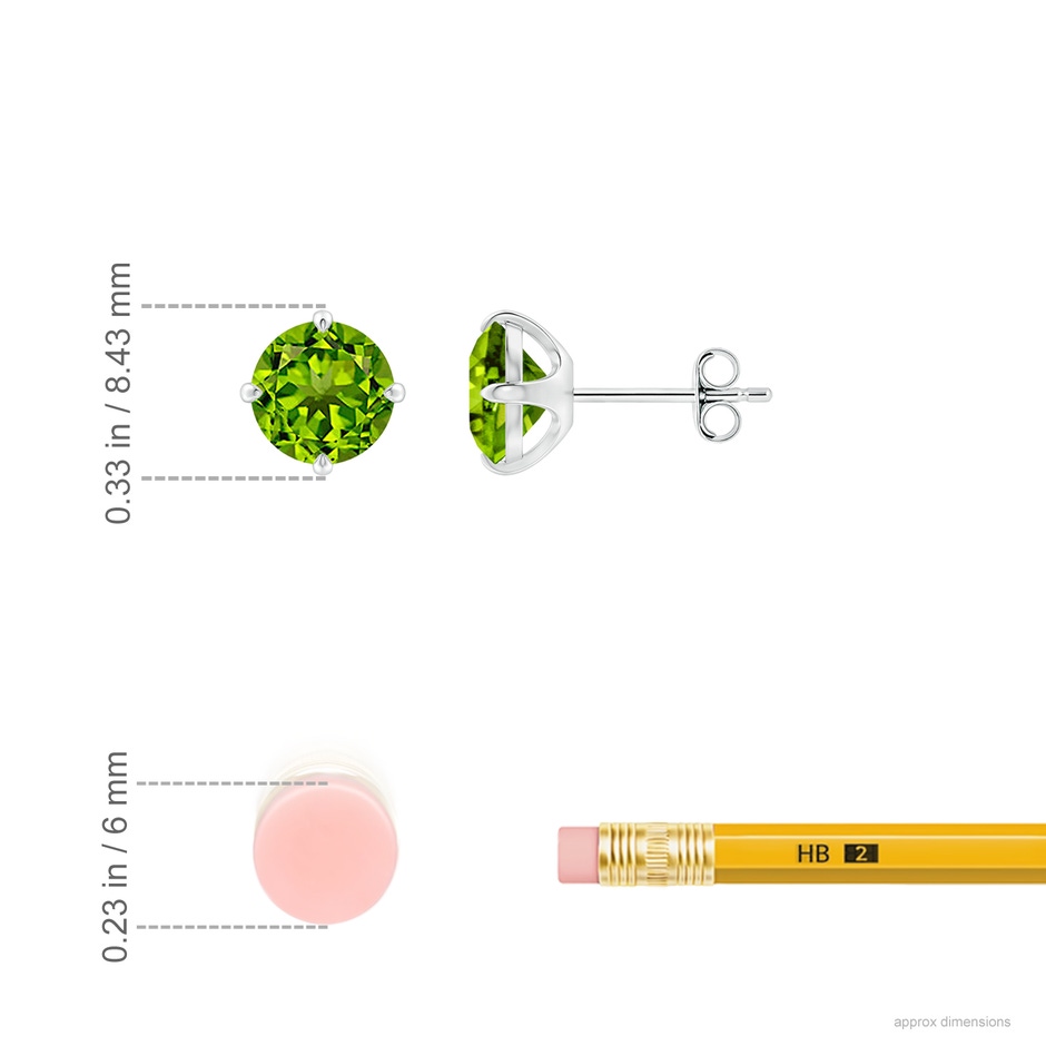7mm AAAA Claw-Set Round Peridot Solitaire Stud Earrings in P950 Platinum ruler