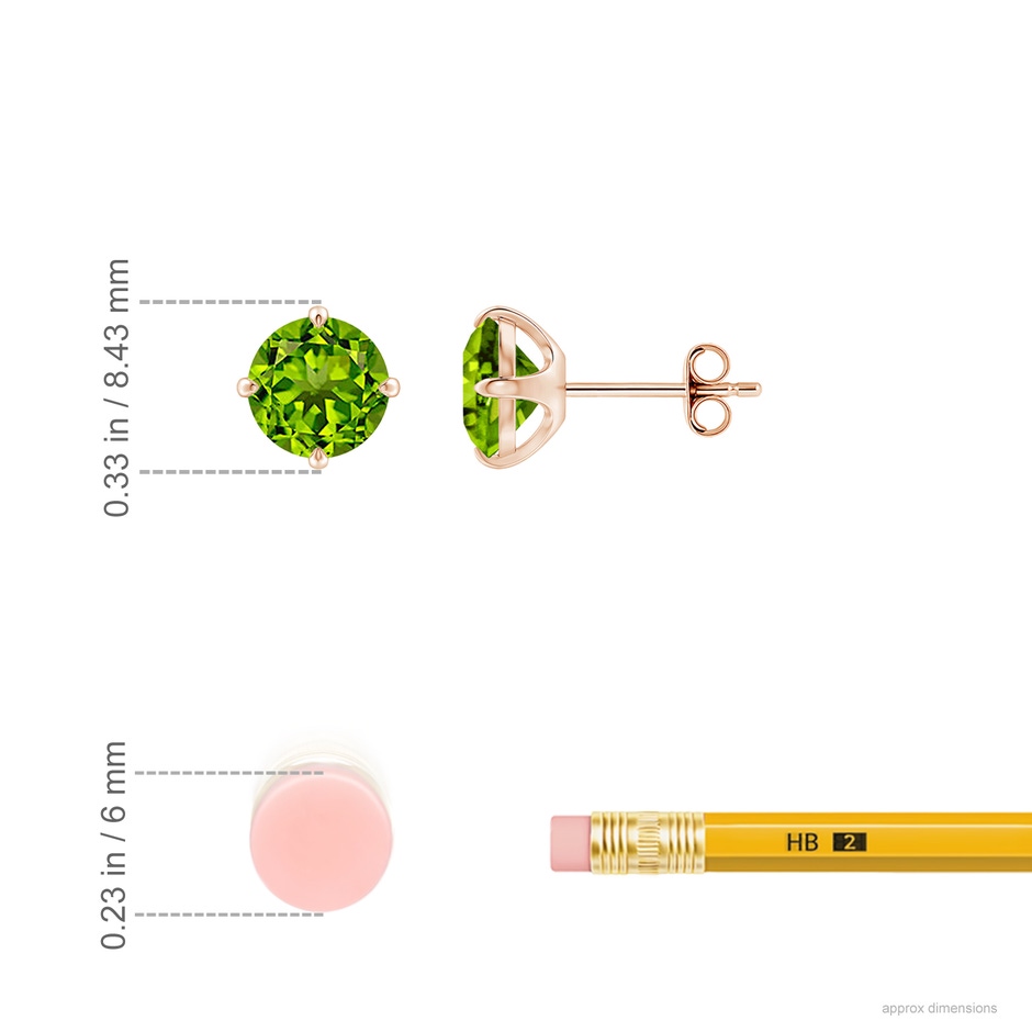 7mm AAAA Claw-Set Round Peridot Solitaire Stud Earrings in Rose Gold ruler