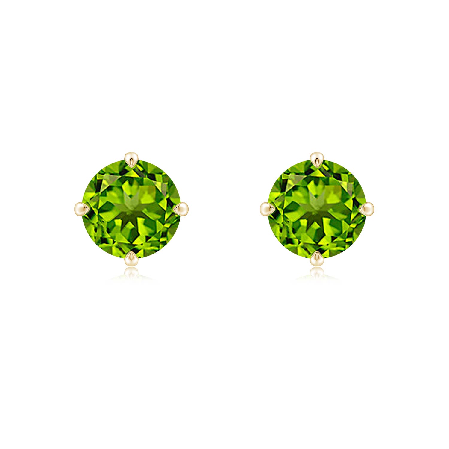 7mm AAAA Claw-Set Round Peridot Solitaire Stud Earrings in Yellow Gold