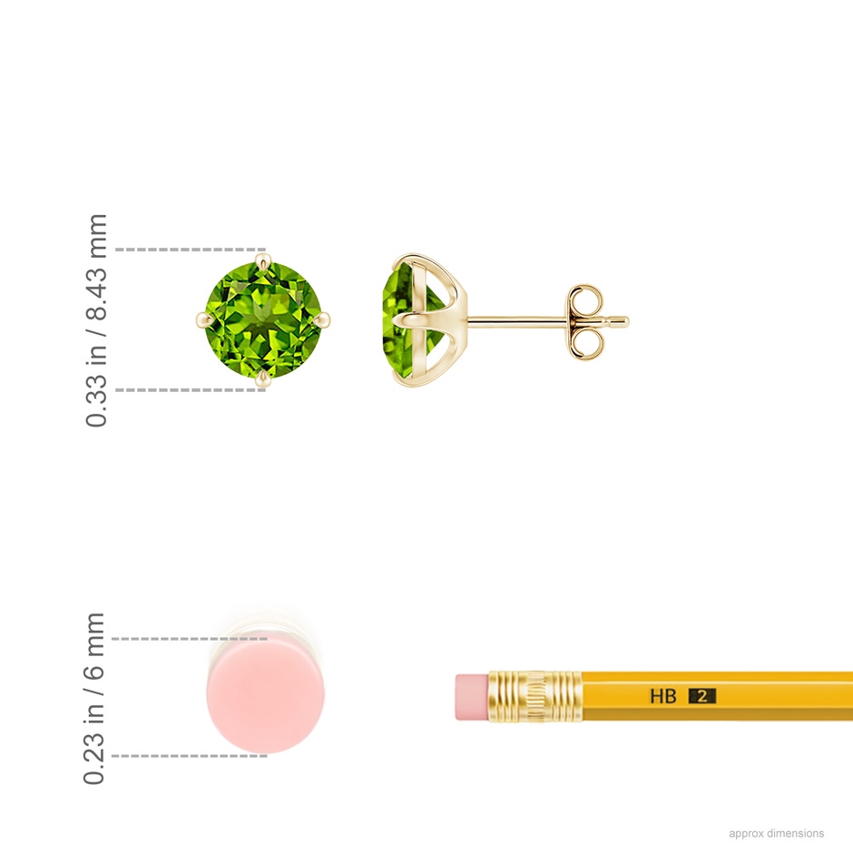 7mm AAAA Claw-Set Round Peridot Solitaire Stud Earrings in Yellow Gold ruler