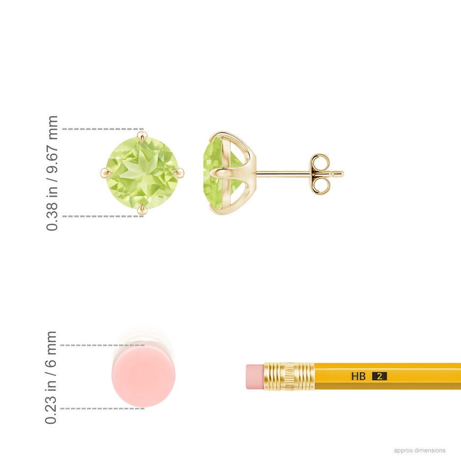 8mm A Claw-Set Round Peridot Solitaire Stud Earrings in 9K Yellow Gold ruler