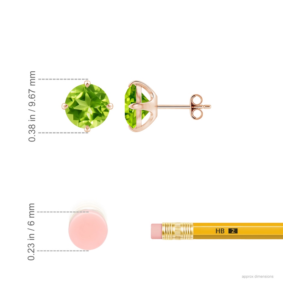 8mm AAA Claw-Set Round Peridot Solitaire Stud Earrings in Rose Gold ruler