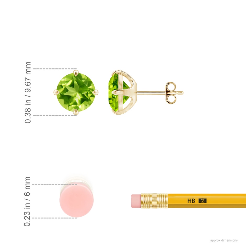 8mm AAA Claw-Set Round Peridot Solitaire Stud Earrings in Yellow Gold ruler