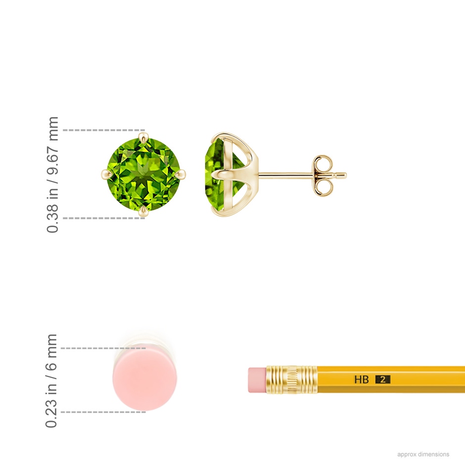 8mm AAAA Claw-Set Round Peridot Solitaire Stud Earrings in 18K Yellow Gold ruler