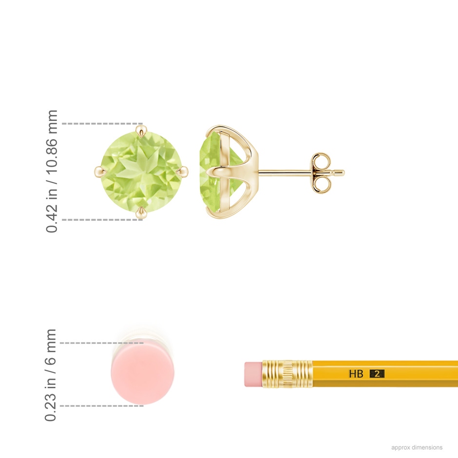 9mm A Claw-Set Round Peridot Solitaire Stud Earrings in Yellow Gold ruler