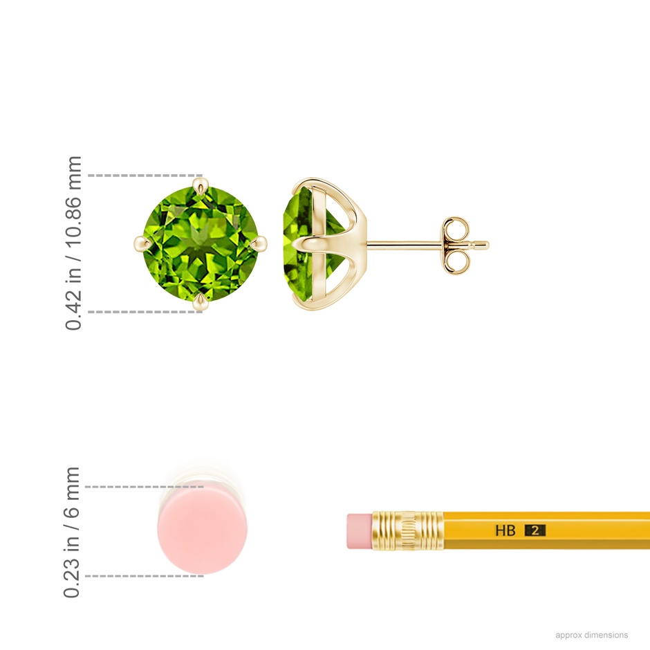 9mm AAAA Claw-Set Round Peridot Solitaire Stud Earrings in 18K Yellow Gold ruler