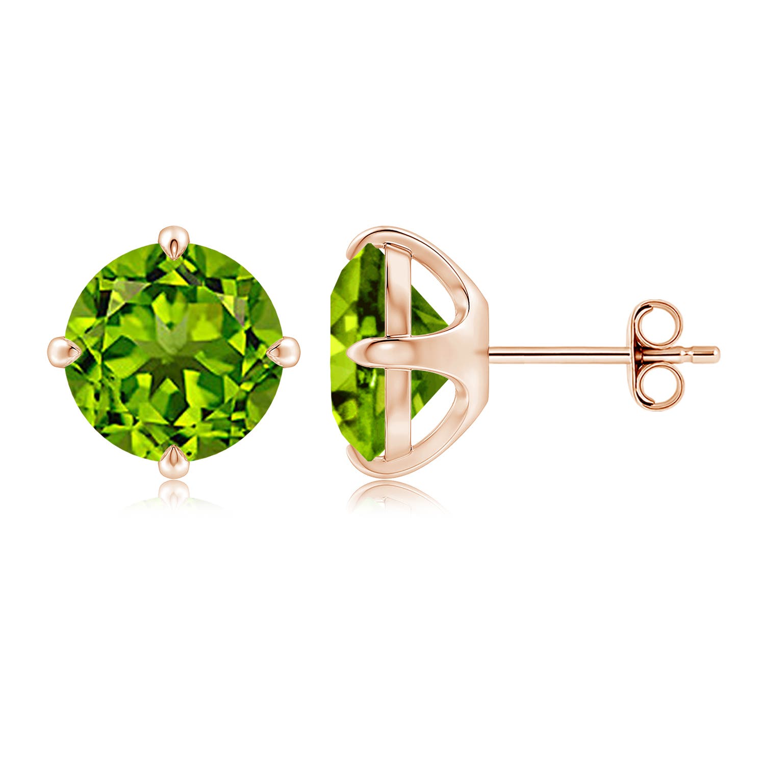 9mm AAAA Claw-Set Round Peridot Solitaire Stud Earrings in Rose Gold