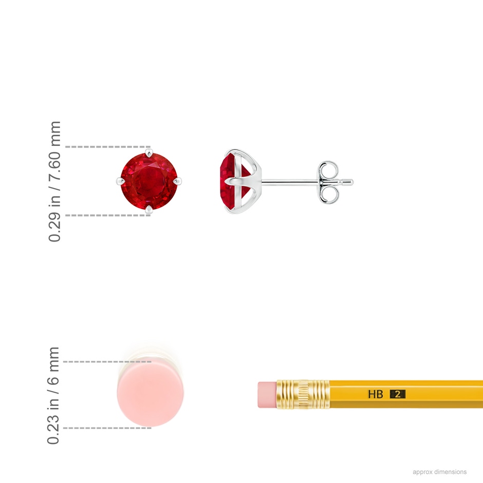 6mm AAA Claw-Set Round Ruby Solitaire Stud Earrings in P950 Platinum ruler
