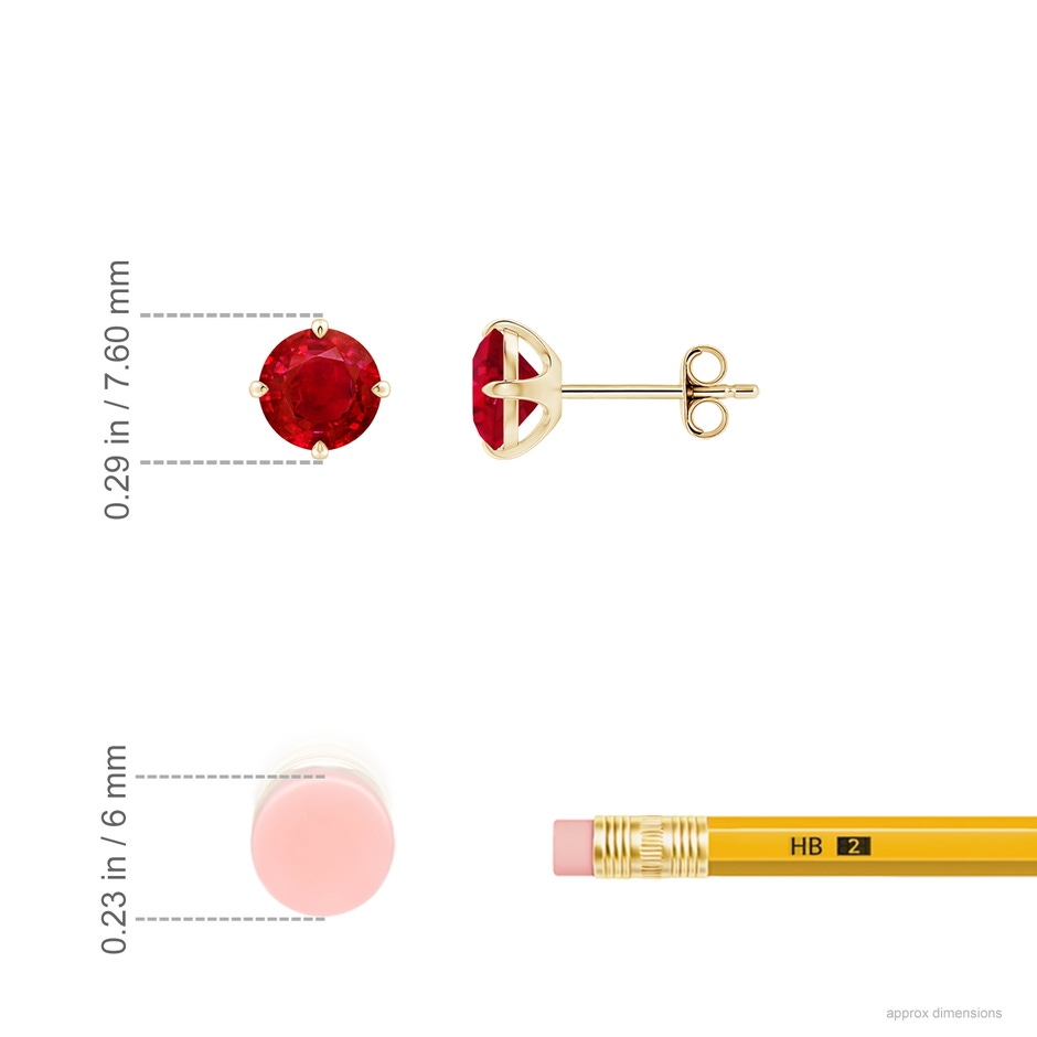 6mm AAA Claw-Set Round Ruby Solitaire Stud Earrings in Yellow Gold ruler