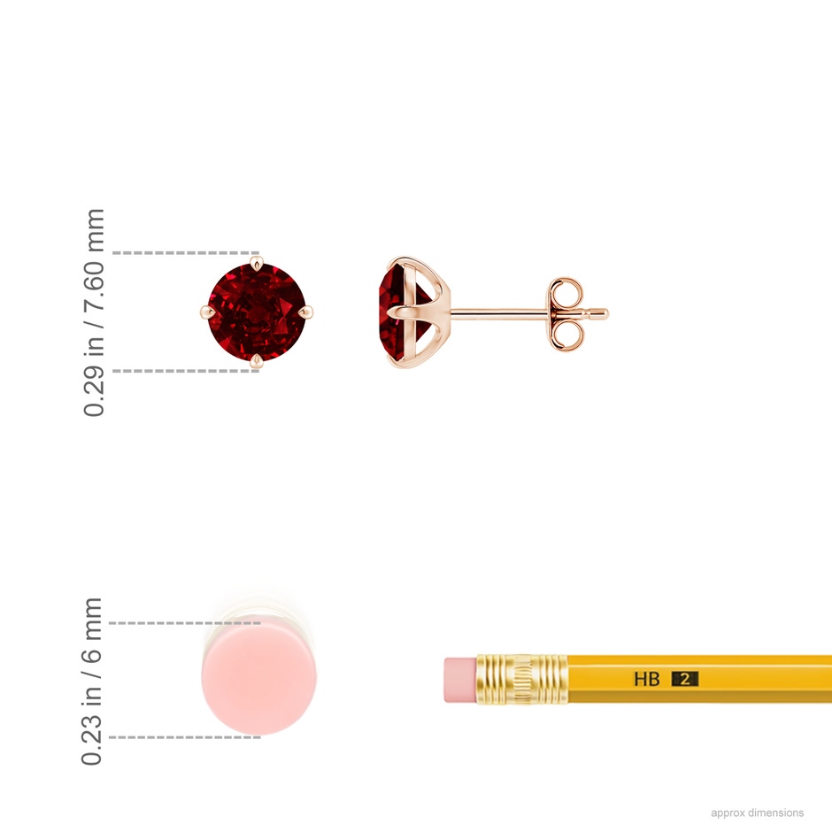 6mm AAAA Claw-Set Round Ruby Solitaire Stud Earrings in Rose Gold ruler