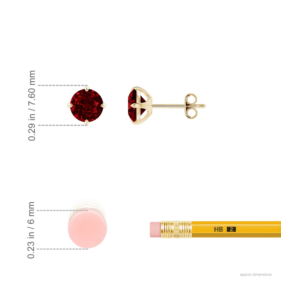 6mm AAAA Claw-Set Round Ruby Solitaire Stud Earrings in Yellow Gold ruler