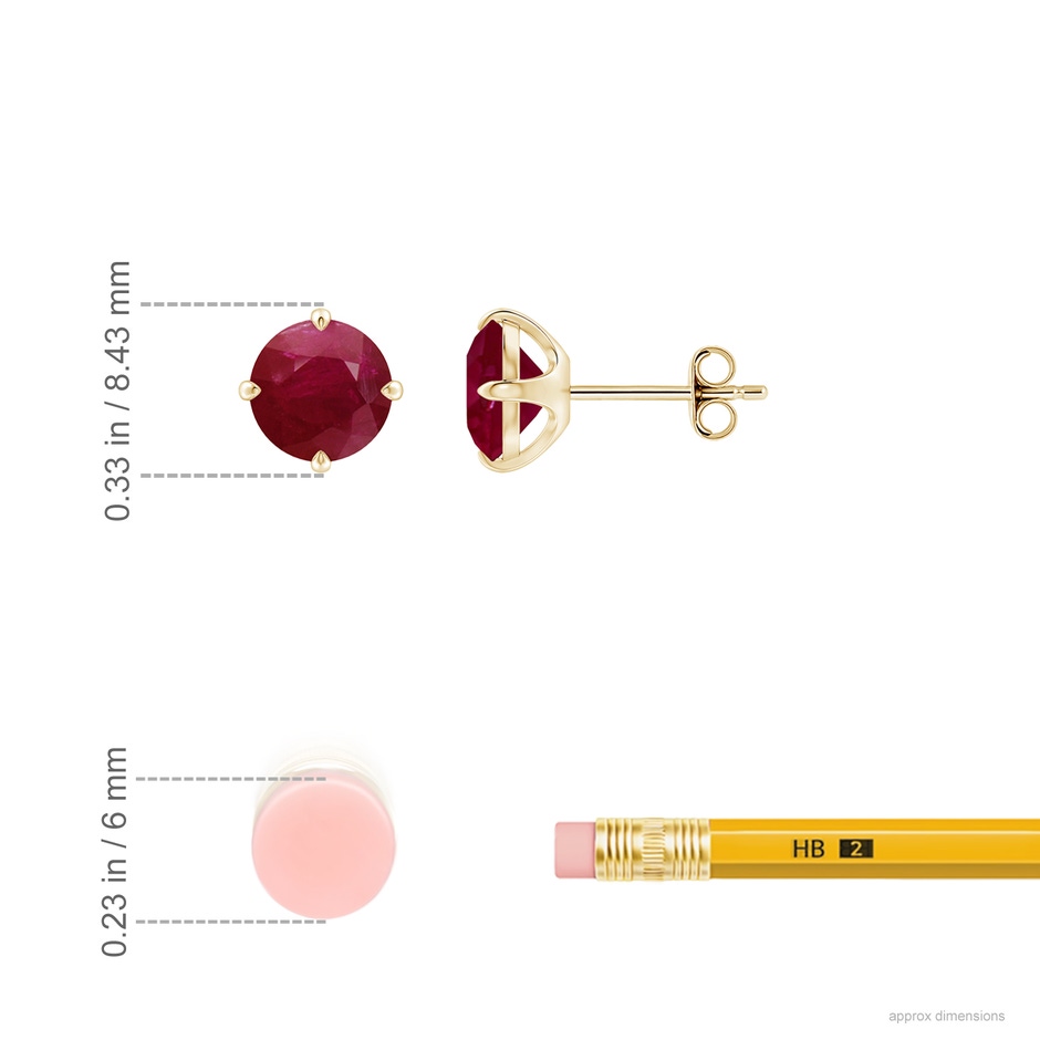 7mm A Claw-Set Round Ruby Solitaire Stud Earrings in Yellow Gold ruler