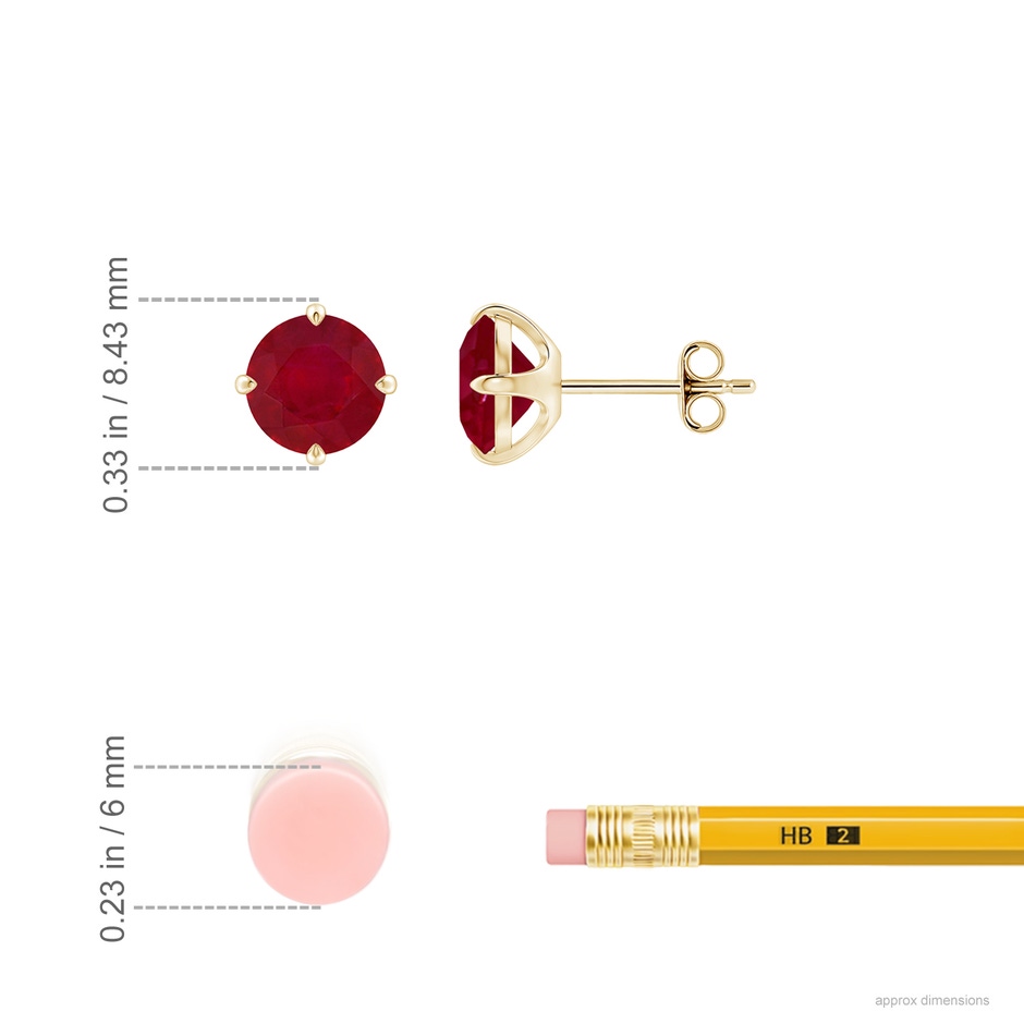 7mm AA Claw-Set Round Ruby Solitaire Stud Earrings in Yellow Gold ruler